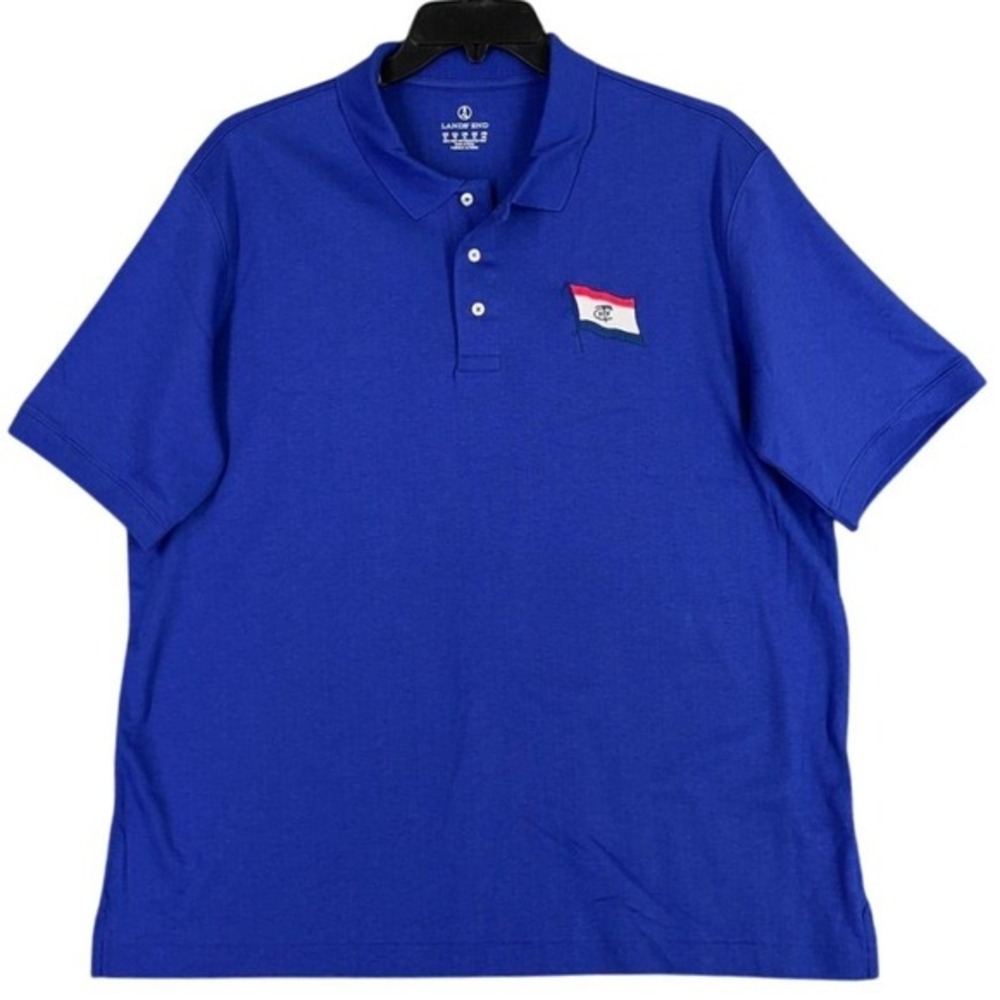 Lands End‎ Mens Polo Shirt L Blue Nautical Flag Embroidered Cotton Casual Knit